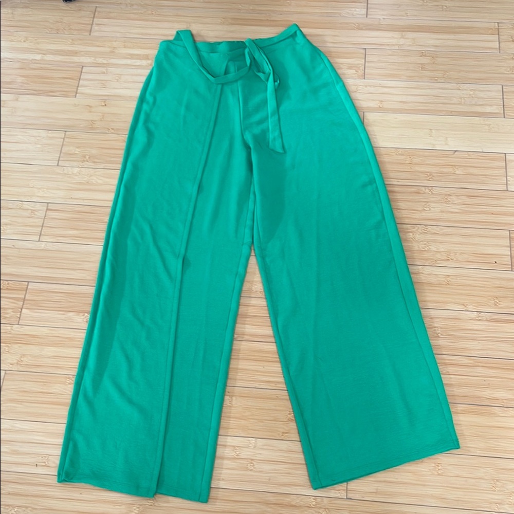 Women Zara Green Wide-Leg Pants Half Wrap with Drawstring Waist Size Medium
